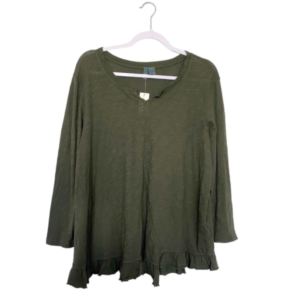 Anthropologie Left of Center Asymmetric Ruffle Hem Henley Tunic Green Large NWOT